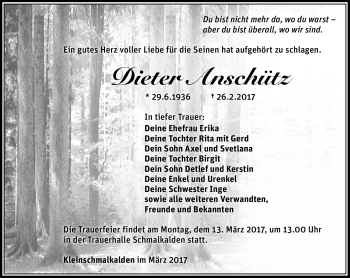 Traueranzeige von Dieter Anschütz von Südthüringer Presse