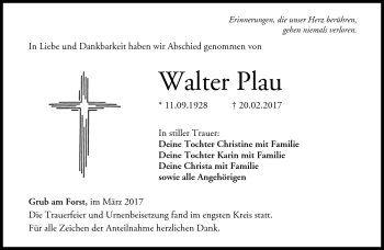Traueranzeige von Walter Plau von Neue Presse Coburg