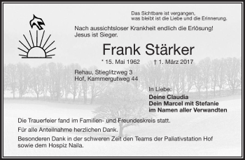 Traueranzeige von Frank Stärker von Frankenpost