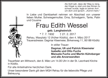 Traueranzeige von Edith Wessel von Frankenpost
