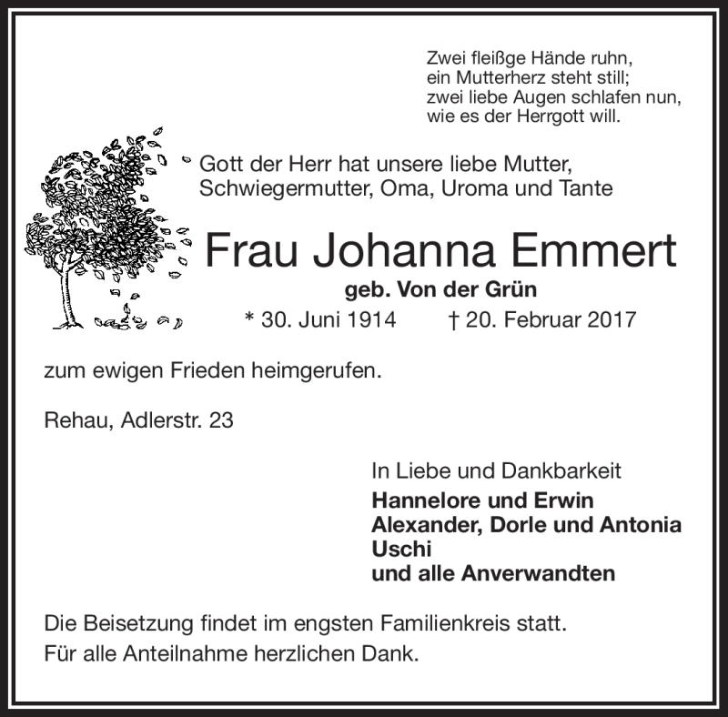  Traueranzeige für Johanna Emmert vom 09.03.2017 aus Frankenpost