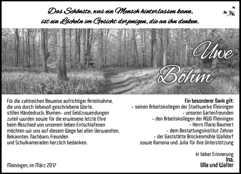  Traueranzeige für Uwe Böhm vom 11.03.2017 aus Südthüringer Presse