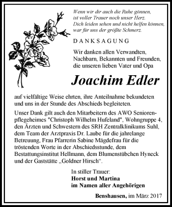 Traueranzeige von Joachim Edler von Südthüringer Presse