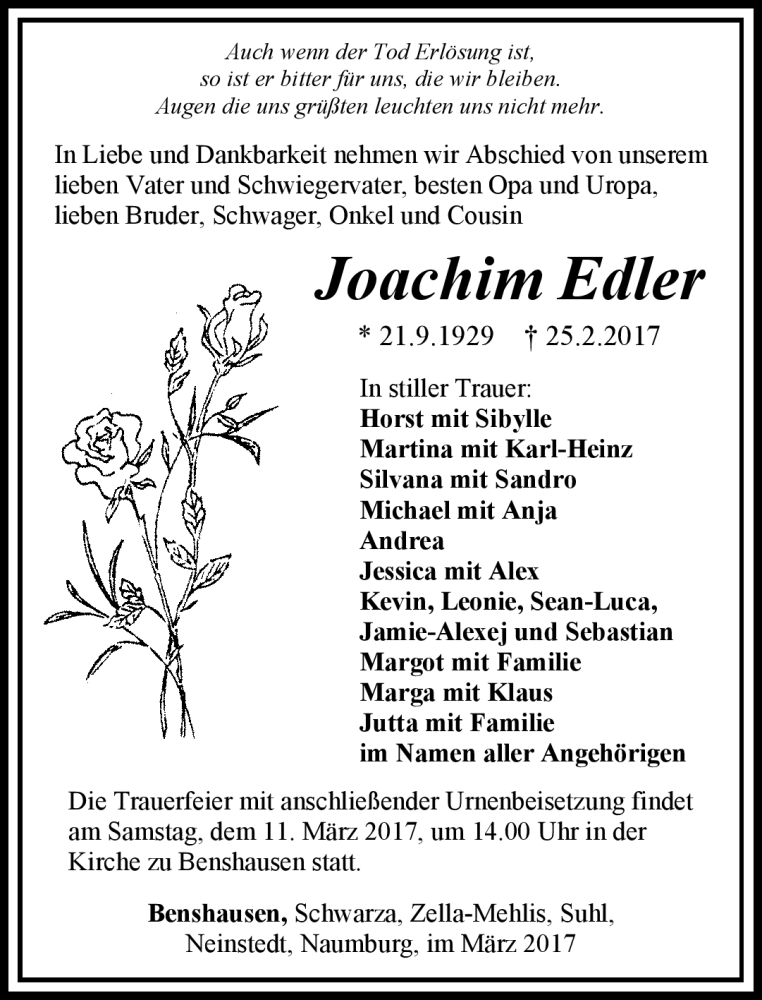  Traueranzeige für Joachim Edler vom 04.03.2017 aus Südthüringer Presse