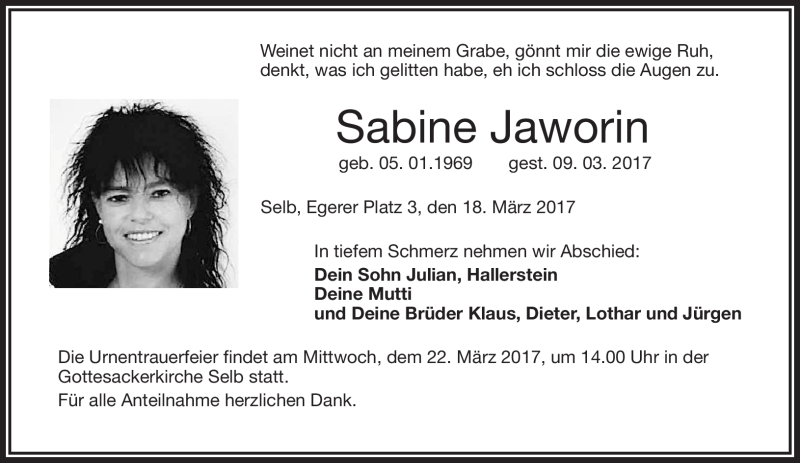  Traueranzeige für Sabine Jaworin vom 18.03.2017 aus Frankenpost
