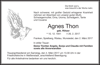 Traueranzeige von Agnes Thon von Frankenpost