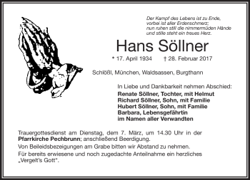 Traueranzeige von Hans Söllner von Frankenpost