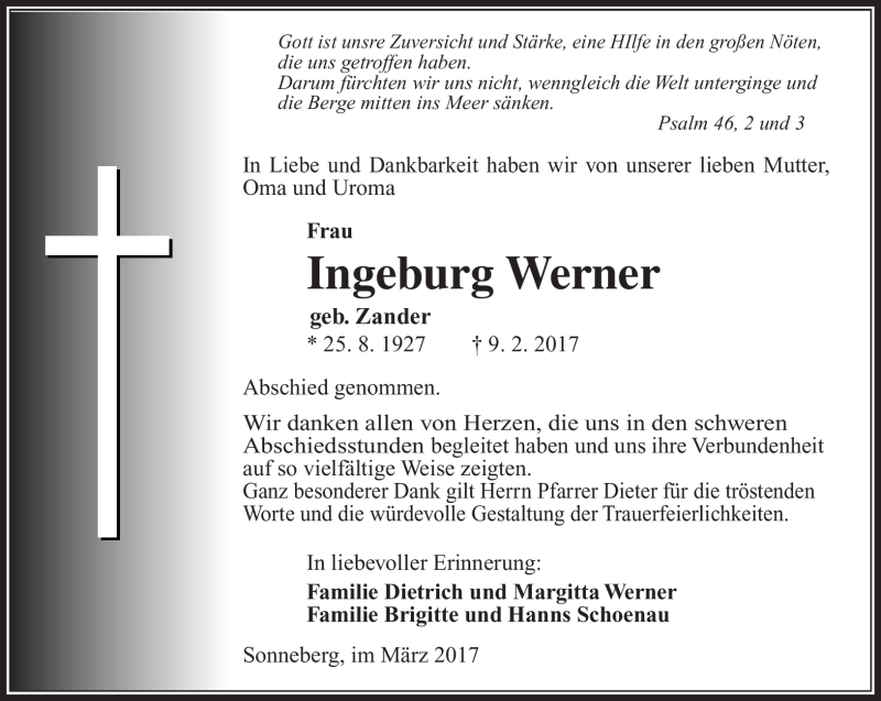  Traueranzeige für Ingeborg Werner vom 11.03.2017 aus Südthüringer Presse