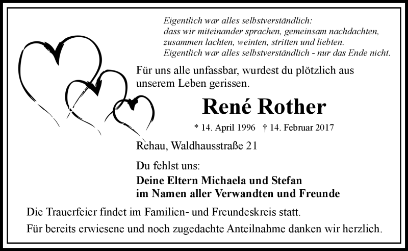  Traueranzeige für Rene Rother vom 04.03.2017 aus Frankenpost