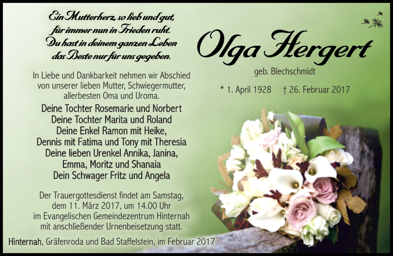  Traueranzeige für Olga Hergert vom 04.03.2017 aus Südthüringer Presse