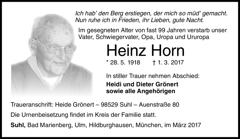  Traueranzeige für Heinz Horn vom 04.03.2017 aus Südthüringer Presse