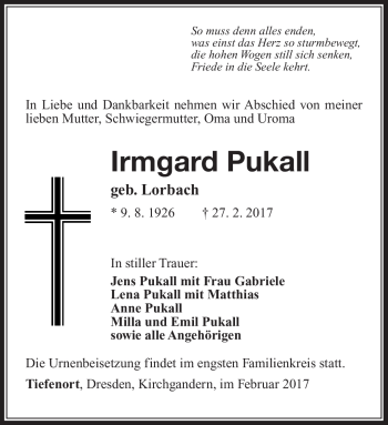 Traueranzeige von Irmgard Pukall von Südthüringer Presse