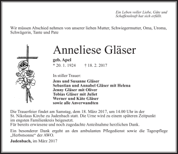 Traueranzeige von Anneliese Gläser von Südthüringer Presse