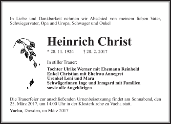 Traueranzeige von Heinrich Christ von Südthüringer Presse