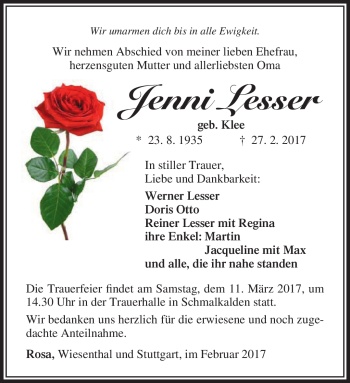 Traueranzeige von Jenni Lesser von Südthüringer Presse