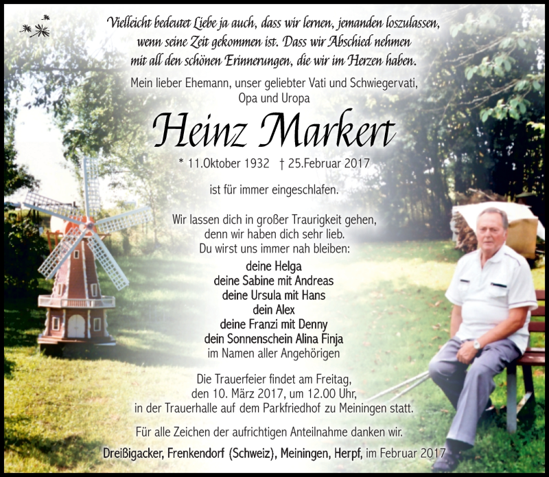  Traueranzeige für Heinz Markert vom 04.03.2017 aus Südthüringer Presse
