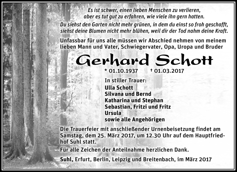  Traueranzeige für gerhard Schott vom 18.03.2017 aus Südthüringer Presse