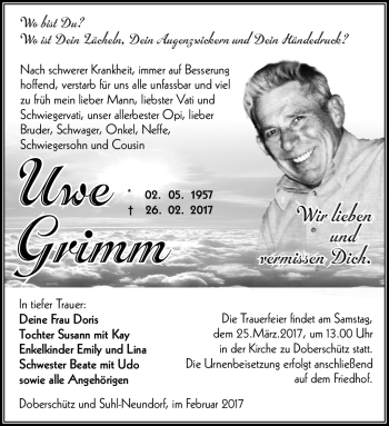 Traueranzeige von Uwe Grimm von Südthüringer Presse