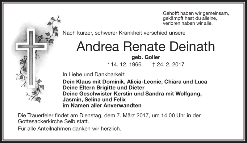  Traueranzeige für Andrea Renate Deinath vom 03.03.2017 aus Frankenpost