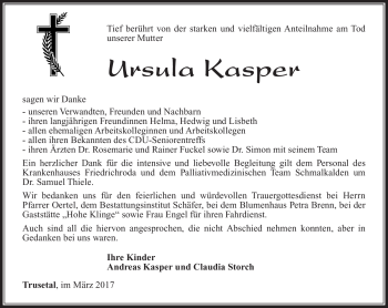 Traueranzeige von Ursula Kasper von Südthüringer Presse