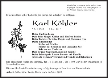 Traueranzeige von Karl Köhler von Südthüringer Presse