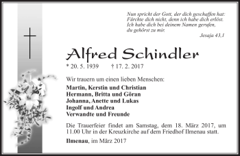 Traueranzeige von Alfred Schindler von Südthüringer Presse