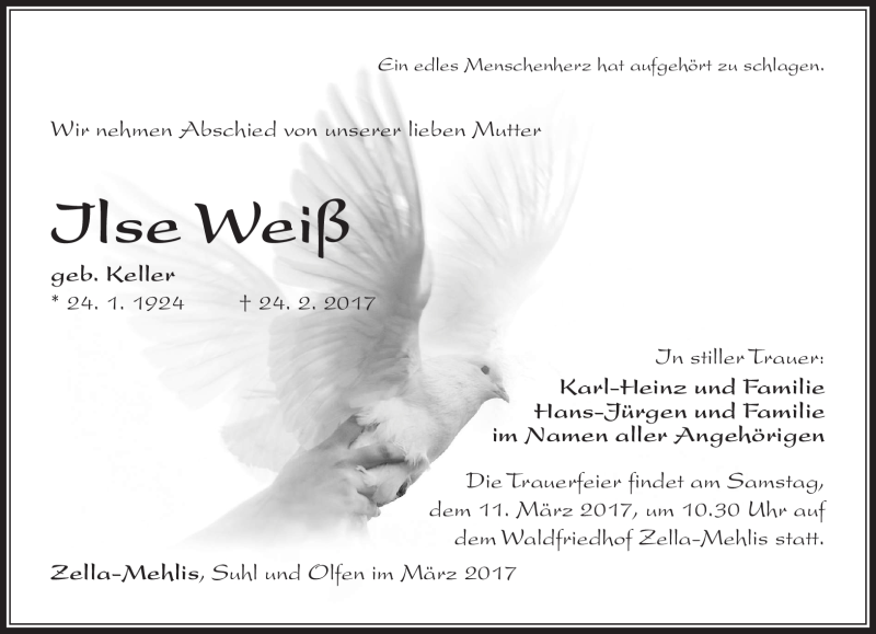  Traueranzeige für Ilse Weiß vom 07.03.2017 aus Südthüringer Presse