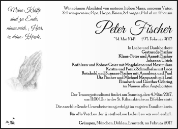 Traueranzeige von Peter Fischer von Südthüringer Presse
