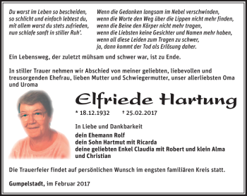 Traueranzeige von Elfriede Hartung von Südthüringer Presse