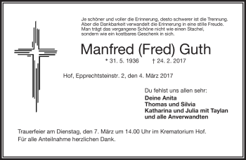 Traueranzeige von Manfred Guth von Frankenpost