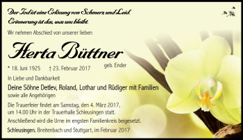 Traueranzeige von Herta Büttner von Südthüringer Presse