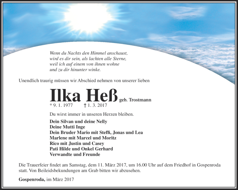  Traueranzeige für Ilka Heß vom 09.03.2017 aus Südthüringer Presse