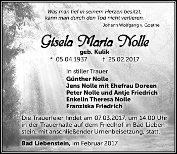 Traueranzeige von Gisela Maria Nolle von Südthüringer Presse
