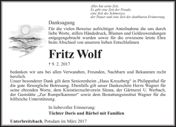 Traueranzeige von Fritz Wolf von Südthüringer Presse