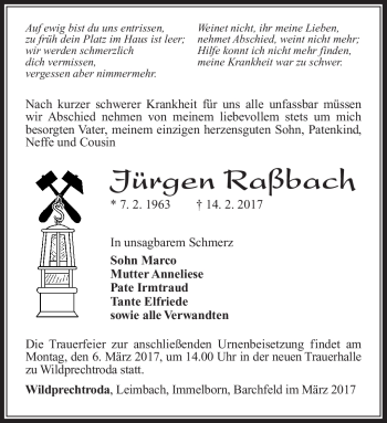 Traueranzeige von Jürgen Raßbach von Südthüringer Presse