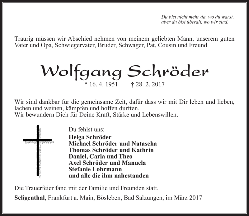  Traueranzeige für Wolfgang Schröder vom 10.03.2017 aus Südthüringer Presse