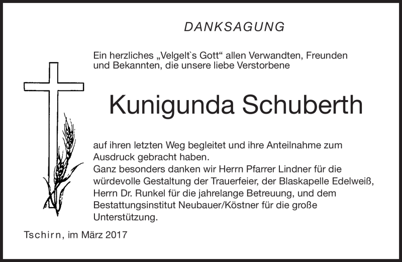  Traueranzeige für Kunigunda Schuberth vom 17.03.2017 aus Neue Presse Coburg