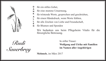 Traueranzeige von Rudi Sauerbrey von Südthüringer Presse
