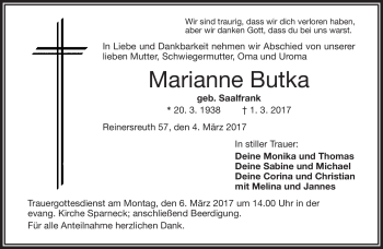 Traueranzeige von Marianne Butka von Frankenpost