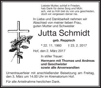 Traueranzeige von Jutta Schmidt von Frankenpost