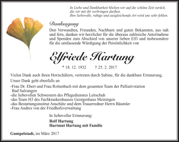 Traueranzeige von Elfriede Hartung von Südthüringer Presse
