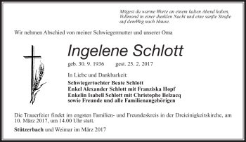 Traueranzeige von Ingelene Schlott von Südthüringer Presse