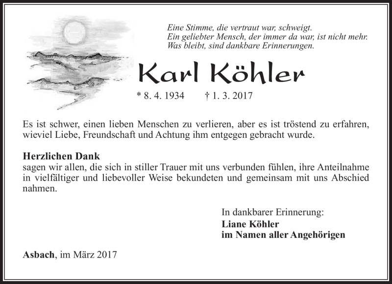  Traueranzeige für Karl Köhler vom 31.03.2017 aus Südthüringer Presse