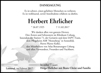 Traueranzeige von Herbert Ehrlicher von Neue Presse Coburg