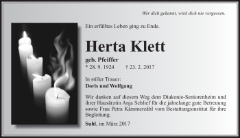 Traueranzeige von Herta Klett von Südthüringer Presse