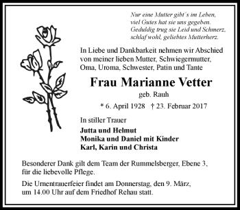 Traueranzeige von Marianne Vetter von Frankenpost