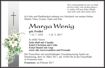 Traueranzeige von Marga Wenig von Südthüringer Presse