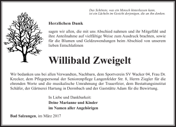 Traueranzeige von Willibald Zweigelt von Südthüringer Presse