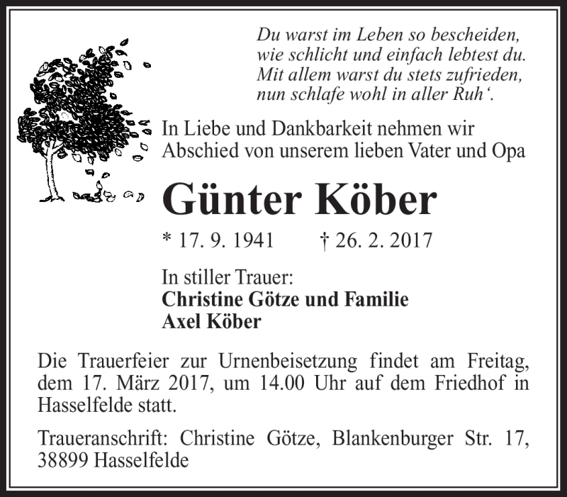  Traueranzeige für Günter Köber vom 09.03.2017 aus Südthüringer Presse