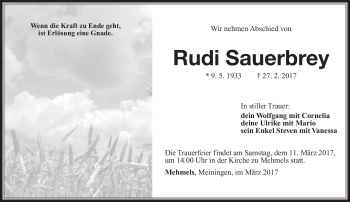 Traueranzeige von Rudi Sauerbrey von Südthüringer Presse